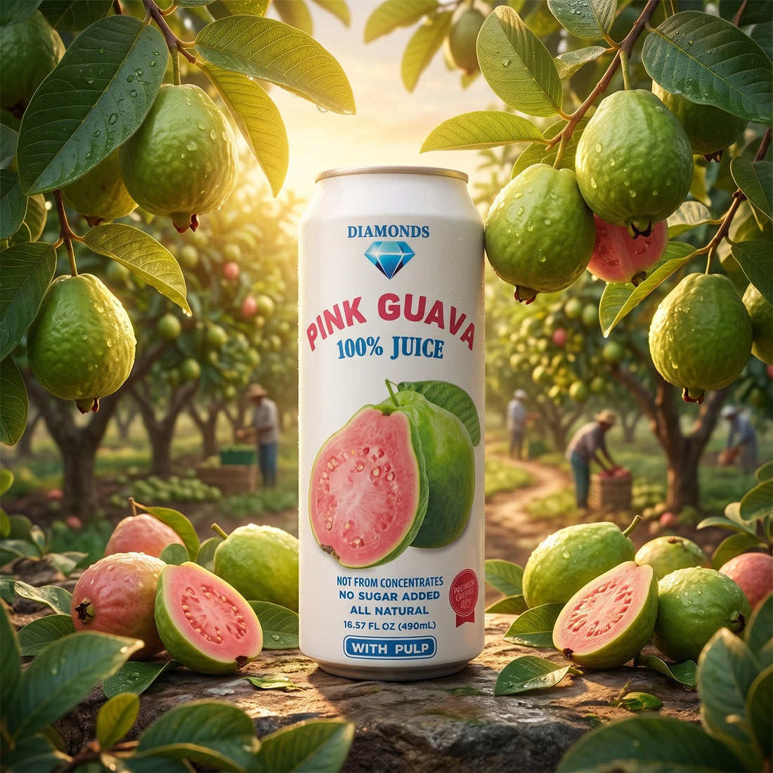 Diamonds Pink Guava Juice with Pulp, 16.57 fl oz (490ml) Can, for Tropical Refreshment